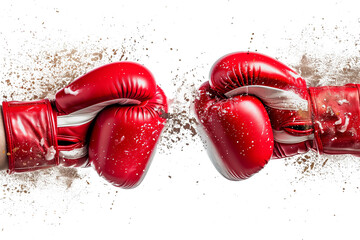Pair of red boxing gloves clashing with splashes isolated on transparent background	
