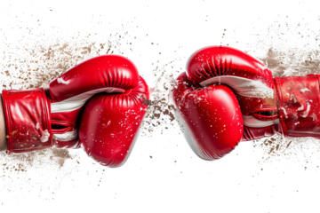 Pair of red boxing gloves clashing with splashes isolated on transparent background	
