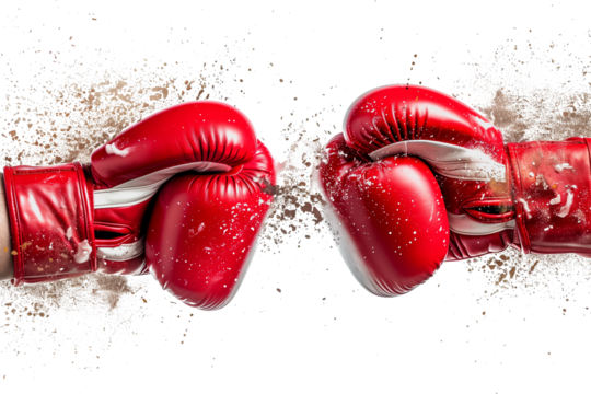 Pair of red boxing gloves clashing with splashes isolated on transparent background