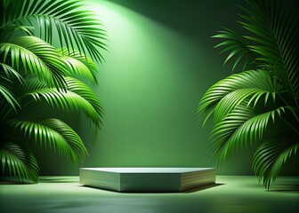 Fototapeta premium Vacant green stage illuminated by soft natural light, with a subtle palm leaf shadow, providing ample copy space for showcasing products or advertisements.