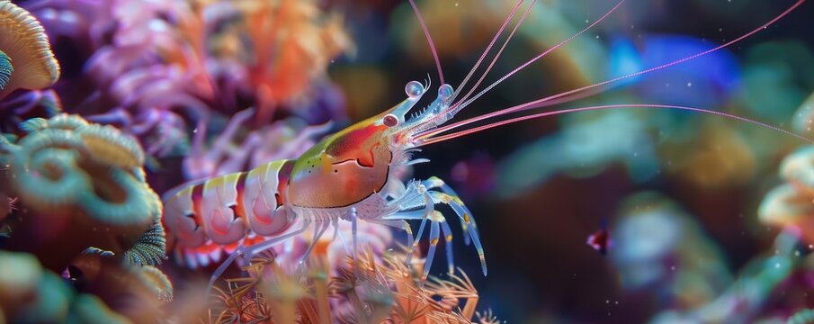 Elegant cleaner shrimp in a reef, 4K hyperrealistic photo