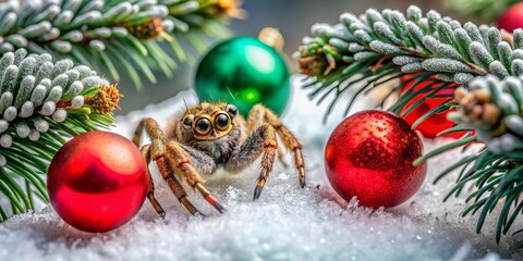 A tiny jumping spider, intricately patterned in festive red and green, takes cover among glittering ornaments on a snow-kissed Christmas tree branch.
