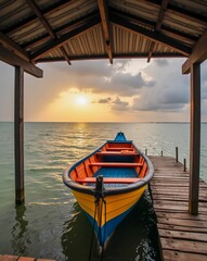 A colorful boat moored at a wooden dock during a tranquil sunset, reflecting the serene beauty of the waterfront.