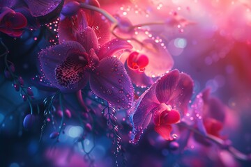 a fantastical world made entirely of orchids, highlighting their diverse shapes, colors, and textures.