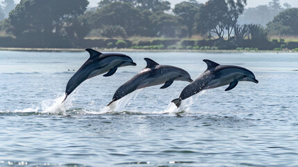 Fototapeta premium Three playful dolphins jump high, creating splashes, against a stunning sunset backdrop in peace.