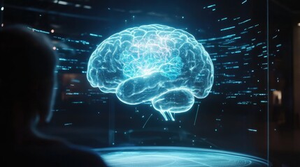 A digital hologram displaying a 3D model of the human brain, with AI-generated data points indicating areas of concern for diagnosis.