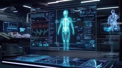Obraz premium A digital hologram of a patient's vital signs displayed on a virtual interface, with AI providing real-time health analysis.