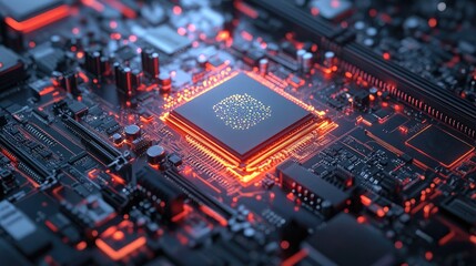 Fototapeta premium A digital illustration of a motherboard with brain technology, showcasing its chipset and support for 12th Core processors, perfect for gaming
