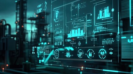 Obraz premium A digital interface displaying smart factory operations with automation icons, highlighting Industry 4.0 technologies.