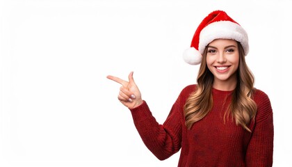  Beautiful young woman with Santa hat looking at camera pointing finger away at copy space
