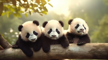 Fototapeta premium Three Adorable Panda Cubs Resting on a Branch