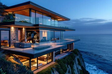 Fototapeta premium Luxurious modern mansion with glass walls, perched on a cliff, facing the endless blue ocean, with waves crashing below