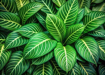 Vibrant green exotic leaves with intricate veins and delicate edges blend together in a stunning abstract background, transporting you to a lush tropical jungle oasis.