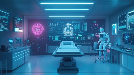 A futuristic medical consultation with AI-powered diagnostic tools, featuring digital robots and holographic patient data.