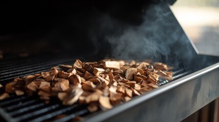 Smoke rises from wood chips placed on grill grates, creating a savory aroma during outdoor cooking in the late afternoon.