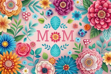 Naklejka premium Vibrant floral pattern on soft pink and blue background with colorful blooms and stylish typography congratulating mom on her special day.