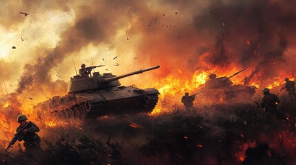 ww2, world war II, battle field, tanks, rifles, hyperrealistic, 16:9