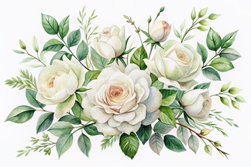 Delicate watercolor illustration of white rose branches with soft petals and lush greenery on a pure white background, evoking romance and wedding elegance.