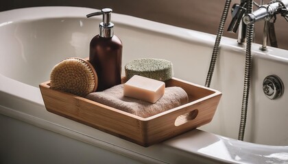 Set of different bath accessories and soap on tub in bathroom