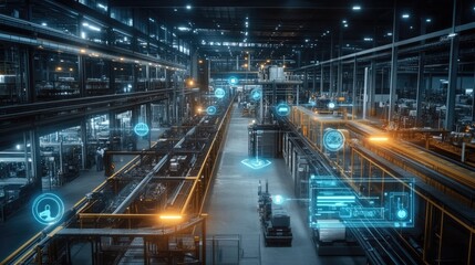 Obraz premium A high-tech manufacturing plant with icon graphics representing the seamless integration of AI, robotics, and IoT in Industry 4.0.