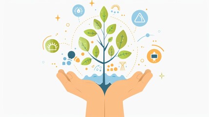 Two hands holding a tree surrounded by environmental icons, symbolizing the importance of sustainable practices and ecological balance for a healthier planet.