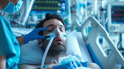 A Medical Professional Adjusting an Oxygen Mask on a Patient in a Hospital Bed