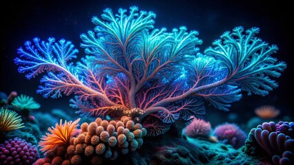 Vibrant bioluminescent coral illuminates the dark seafloor, its ethereal glow revealing delicate tendrils and intricate structures amidst a backdrop of soft, velvety blackness.