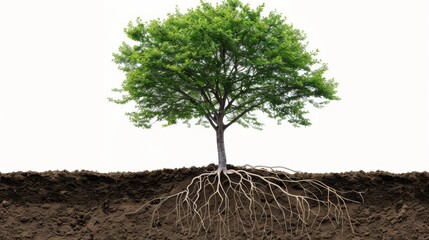 Obraz premium A tree with lush green leaves stands above ground, revealing its extensive roots beneath the soil, illustrating its strong foundation and connection to the earth.