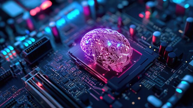 A motherboard with a brain-like layout, highlighting advanced technology, AI capabilities, and support for 12th Core processors