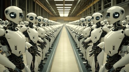 A networked production line with robots, showcasing the use of internet-controlled automation in the fourth industrial revolution.