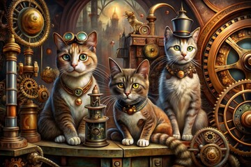 Whimsical feline friends surrounded by intricate clockwork machinery, vintage gears, and rusty pipes, blending science fiction and Victorian-era elegance in a fantastical setting.