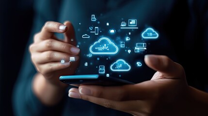 A professional using a smartphone with IoT and cloud computing icons, symbolizing the integration of technology in everyday business