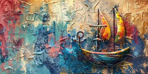 Abstract painting of sailboat and anchor.