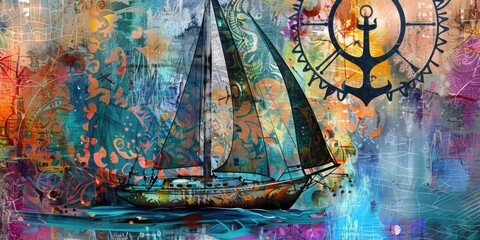 Fototapeta premium Abstract art of a sailboat on the sea.