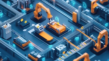 A smart factory environment with icon graphics of IoT devices and robotics, highlighting Industry 4.0 technologies.