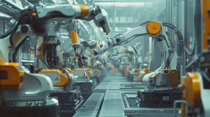 Fototapeta premium A smart factory floor with robotic arms and automated machinery, connected to an internet network, symbolizing Industry 4.0 technology.