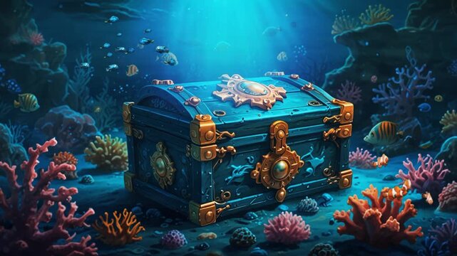 underwater treasure chest with colorful fish and coral. Seamless looping 4k video animation