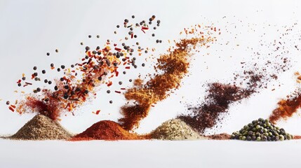 Piles of spices and herbs on white background, horizontal banner for menu. Floating spices, handful of spices, mounds of powder, piles, scatter, spice heap, spice swirl, studio shoot, flying food.