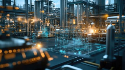 Fototapeta premium A smart factory with a digital twin interface, showcasing real-time monitoring and automation via Industry 4.0 technologies.