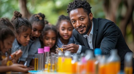 Dedicated Teacher Guides Students Through Interactive Science Experiment Outdoors on a Sunny Day