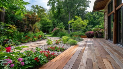 Serene Wooden Deck Overlooking Lush Garden with Vibrant Blooming Flowers