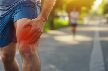 Man in blue shorts and grey shirt holding knee with pain while running on the street, closeup view
