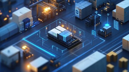 A smart manufacturing plant with icon graphics representing real-time data analytics, AI, and robotics in Industry 4.0.