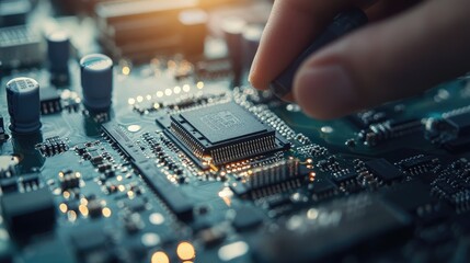 Obraz premium A technician carefully places a CPU into the socket of a motherboard, showcasing electronic repair and assembly skills.
