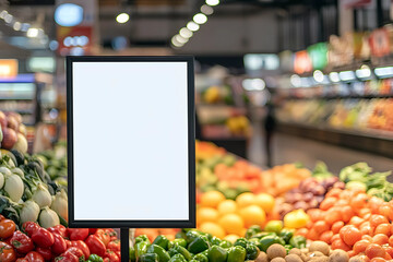 
frame with white blank poster on stand in supermarket interior