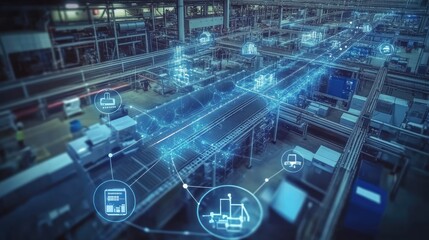 Icon graphics overlay showing a smart factory's automation and internet connectivity, illustrating the fourth industrial revolution.