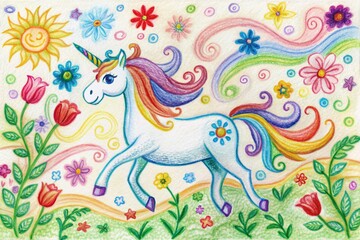 Obraz premium Vibrant crayon drawing of a whimsical unicorn prancing in a colorful field of flowers, surrounded by bright swirls and playful scribbles, exuding childish innocence and joy.