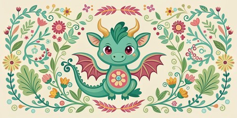 Obraz premium Whimsical minimal flat vector illustration of a cute dragon surrounded by ornate ornaments, flowers, and vines, set within an intricate flower frame border.