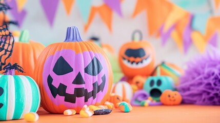 vibrant Halloween scene featuring an array of colorful pumpkins painted with playful faces and patterns for kids friendly Halloween