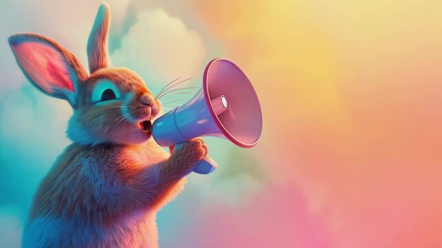 Cute rabbit with megaphone in colorful background, motivational concept